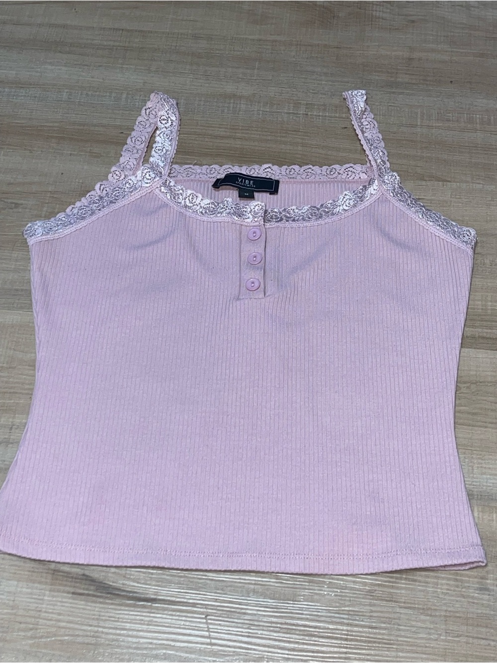 Vibe Pink Ribbed Lace-Trim Henley Cami
